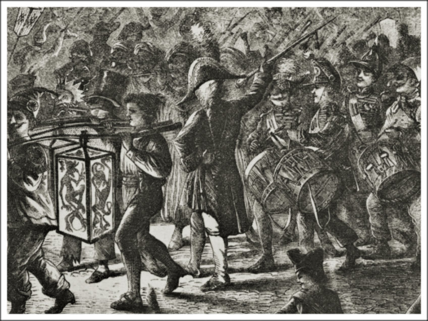 holzschitt des kindermorgenstreichs von 1872 mit trommlern und tambourmajor
